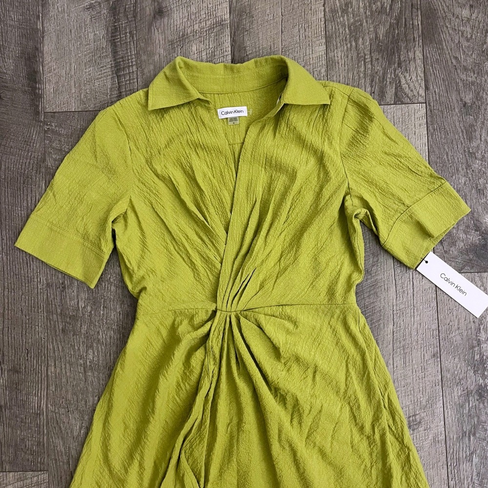 Calvin Klein Lime Green Twist Front High-Low Midi Dress CDBE1Y5T Size 8 - Picture 2 of 9